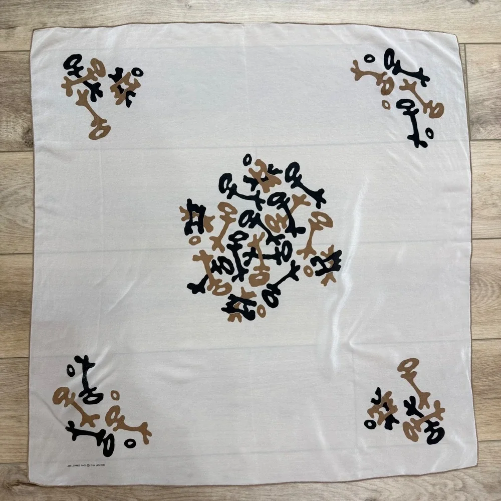 Echo Oriental Keys‎ Vintage Square Scarf White Black Tan Minimalist Capsule 32
